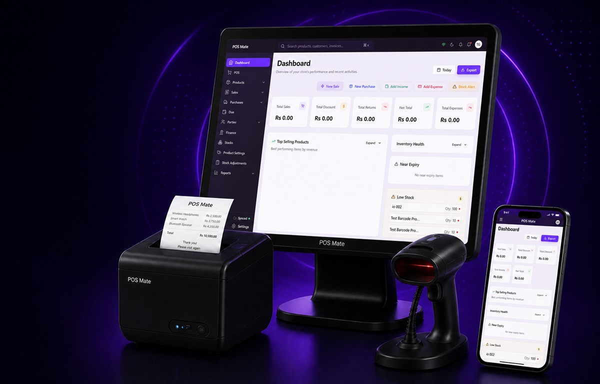 POS Mate touchscreen, receipt printer, barcode scanner and mobile dashboard